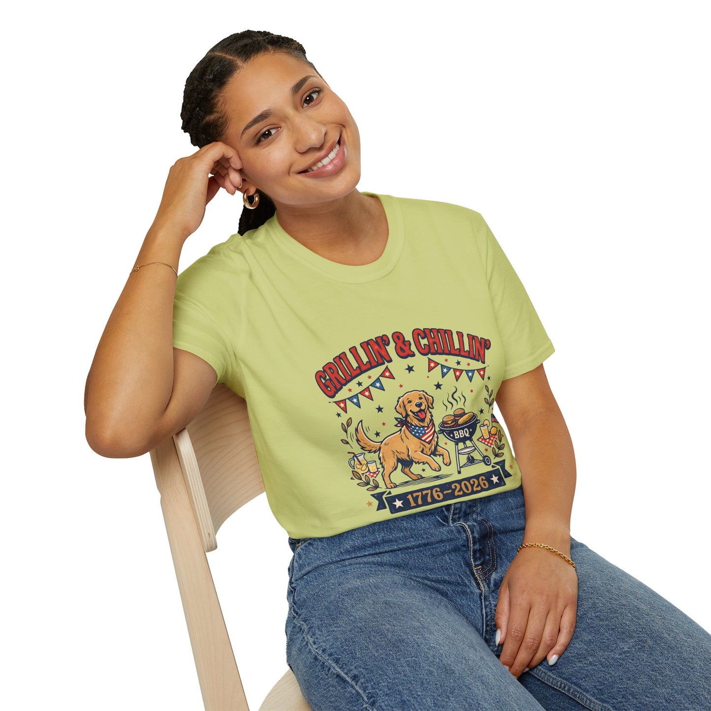Grillin' & Chillin' BBQ Dog T-Shirt — 1776-2026 Patriotic Summer Tee, 4th of July Shirt, Independence Day Tee