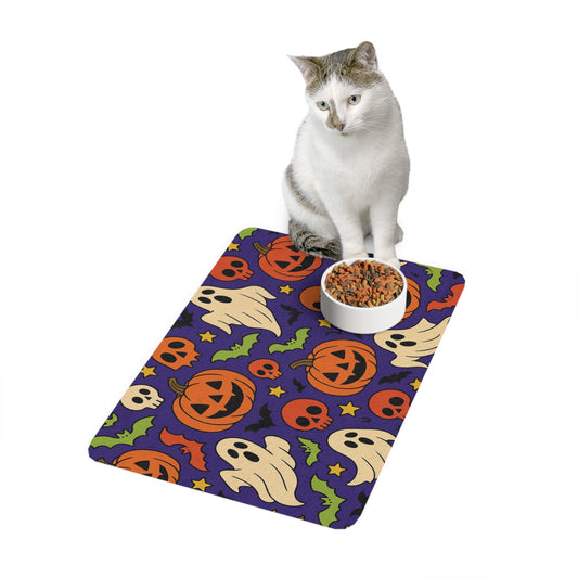 Halloween Pet Food Mat with Ghosts and Pumpkins, Spooky Decor for Pet Lovers