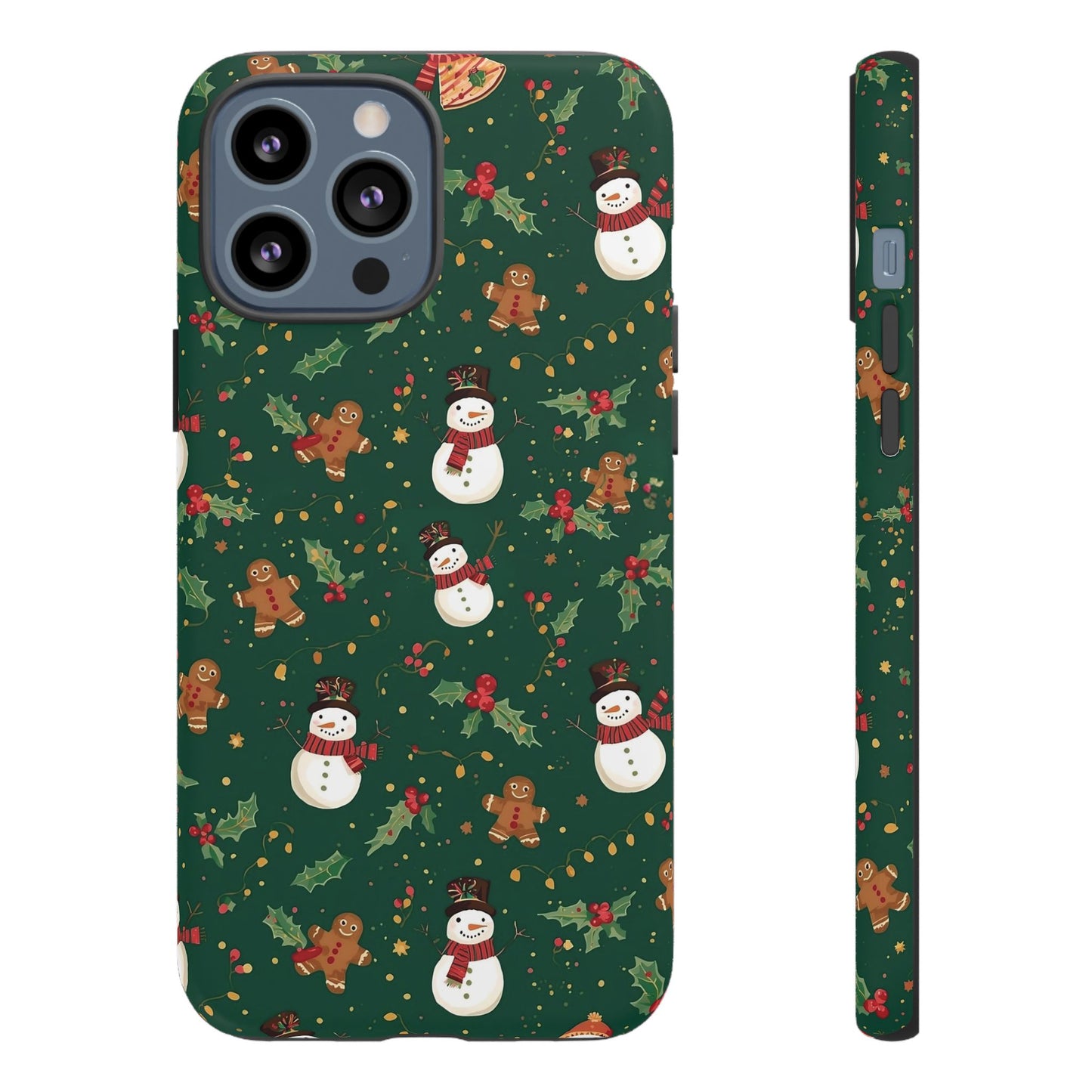 Christmas Phone Case with Snowmen and Gingerbread Design, Dual Layer Phone Case for Iphone 17, 16, 15, 14, 13, 12, 11 & Samsung