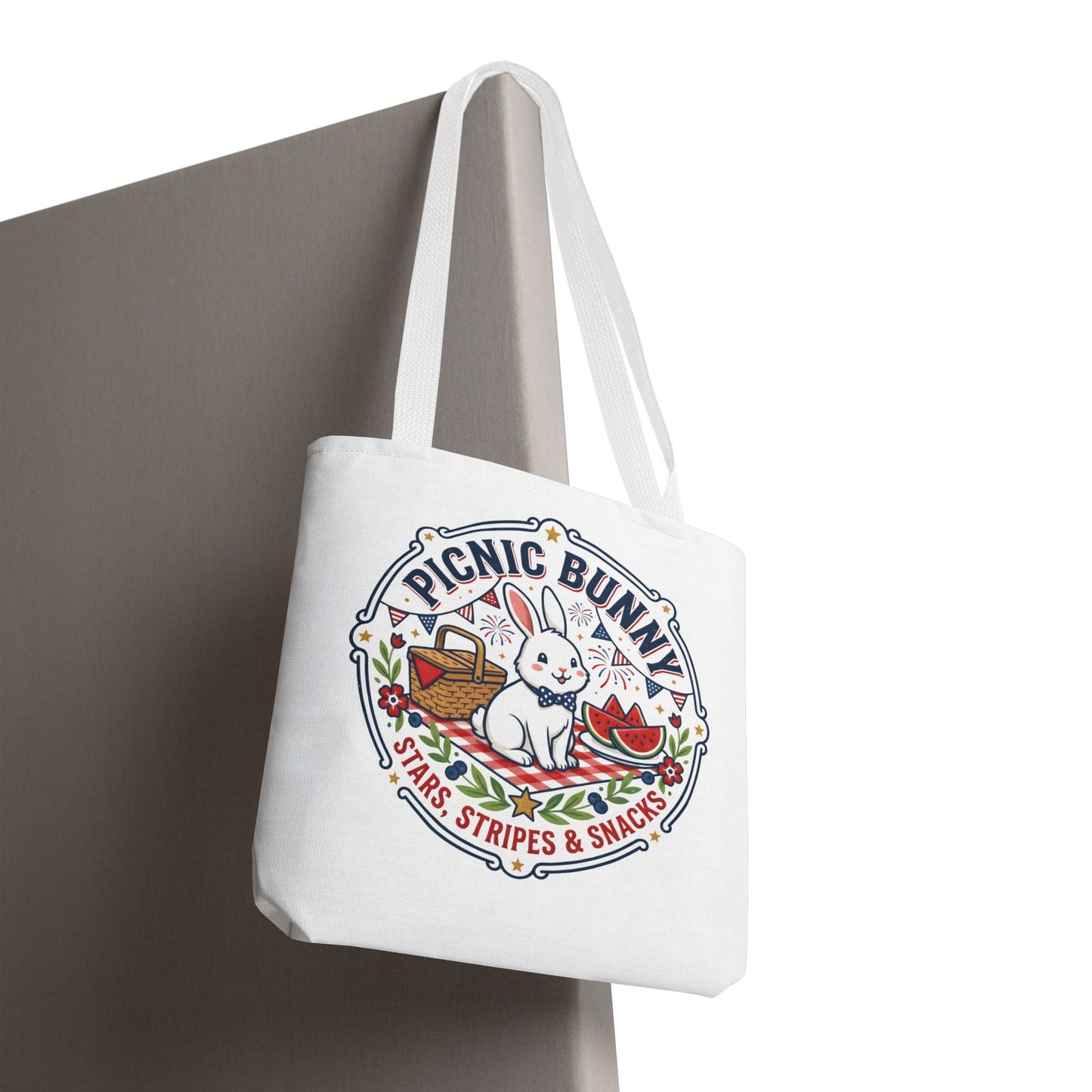 Patriotic Picnic Bunny Tote Bag — ‘Stars, Stripes & Snacks’ Cute Rabbit Picnic Tote, 4th of July Tote