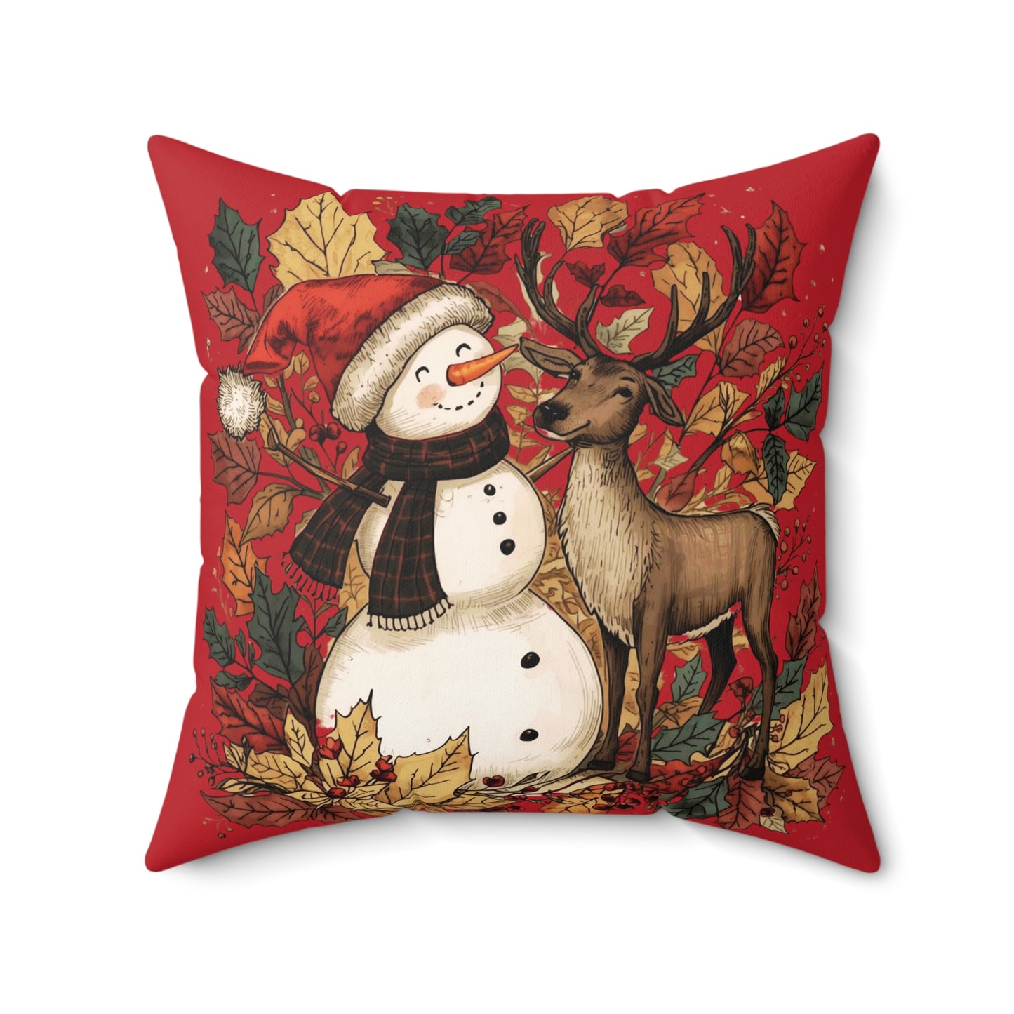 Christmas Snowman & Reindeer Decorative Pillow — Red Holiday Throw Cushion