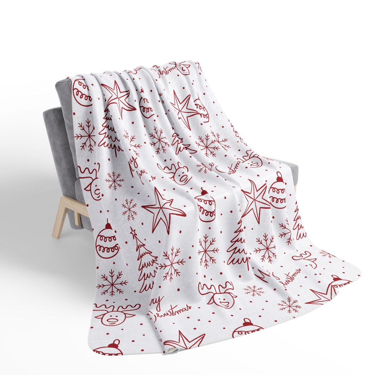 Christmas Fleece Sherpa Blanket - Red Doodle Trees, Reindeer & "Merry Christmas" Pattern