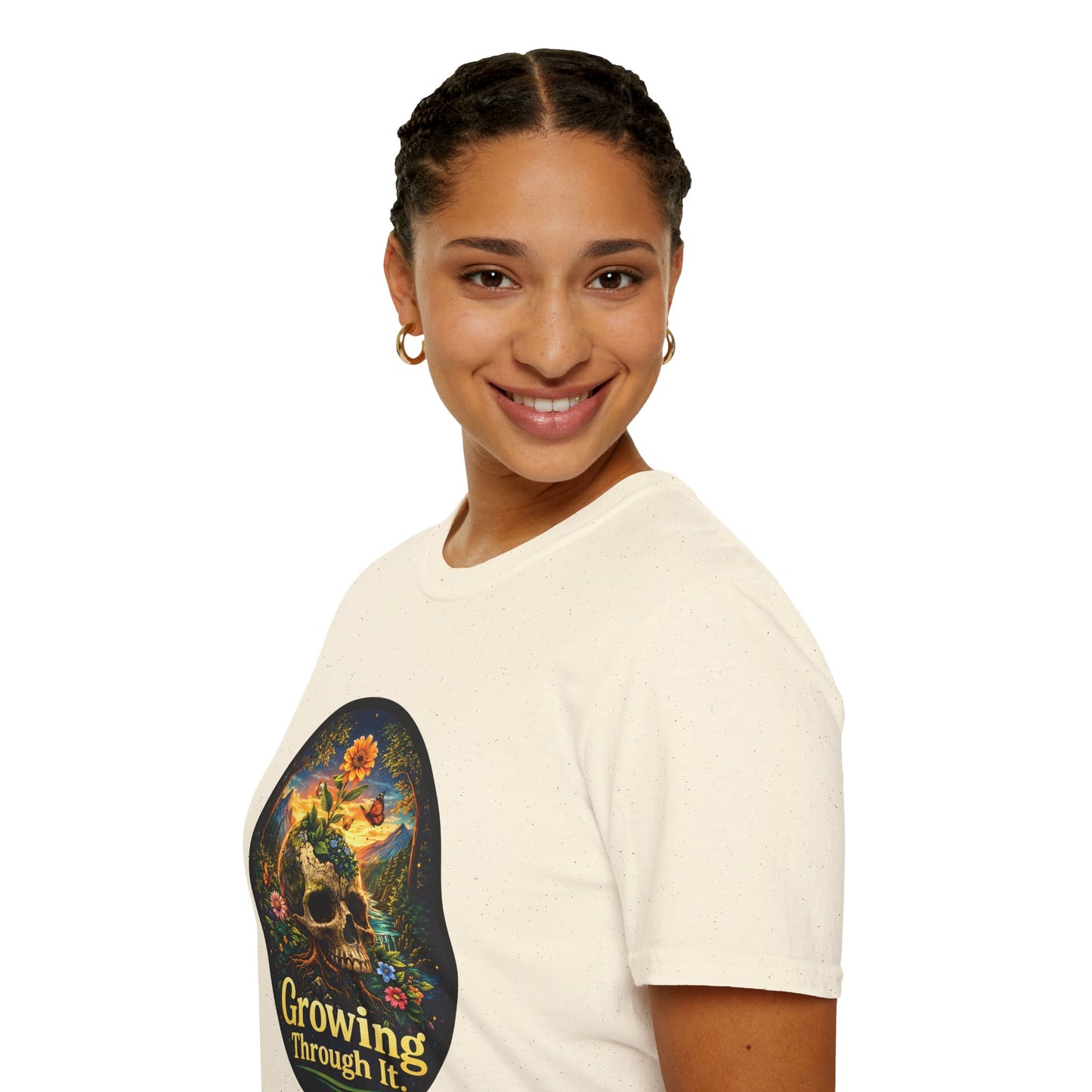 Growing Through It T-Shirt – Earth Day Nature Skull Graphic Tee | Mental Growth & Healing Shirt | Botanical Aesthetic Unisex Tee