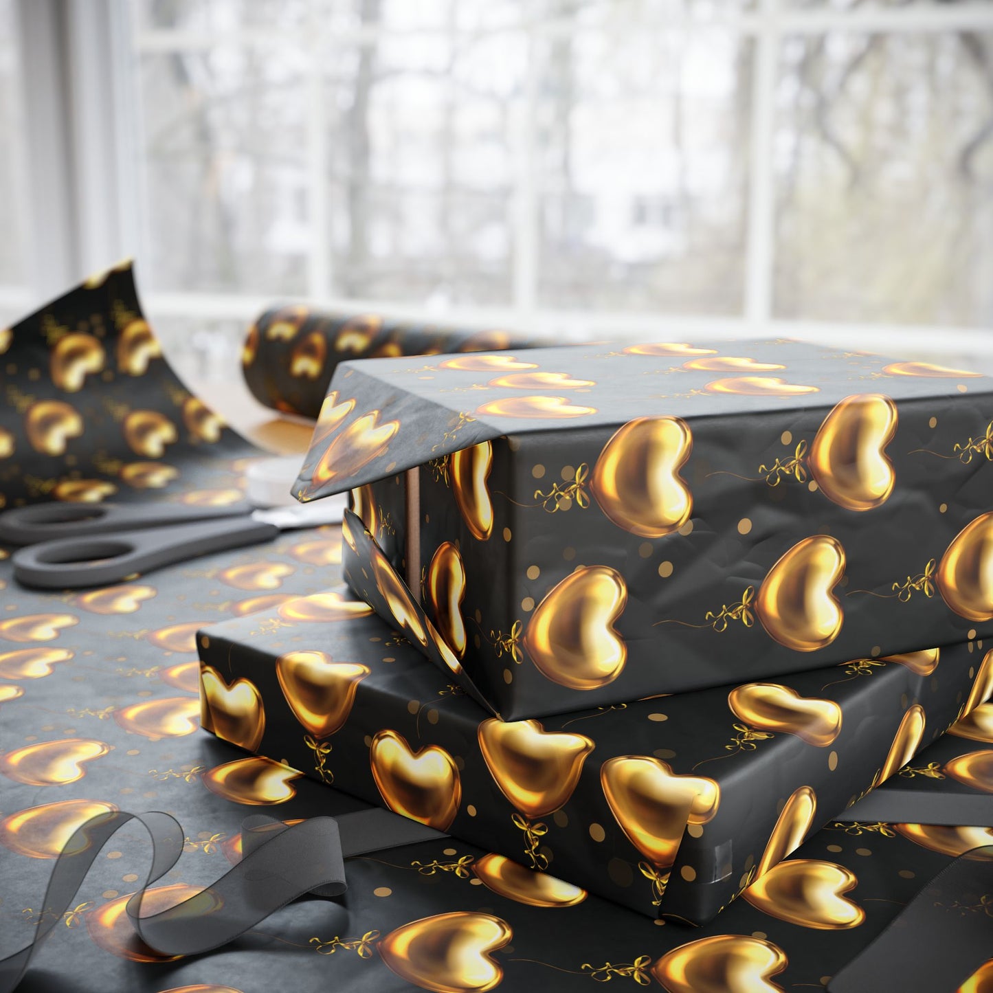 Gold Heart Pattern Wrapping Paper — Black & Metallic Gift Wrap for Valentine’s, Anniversaries, Weddings