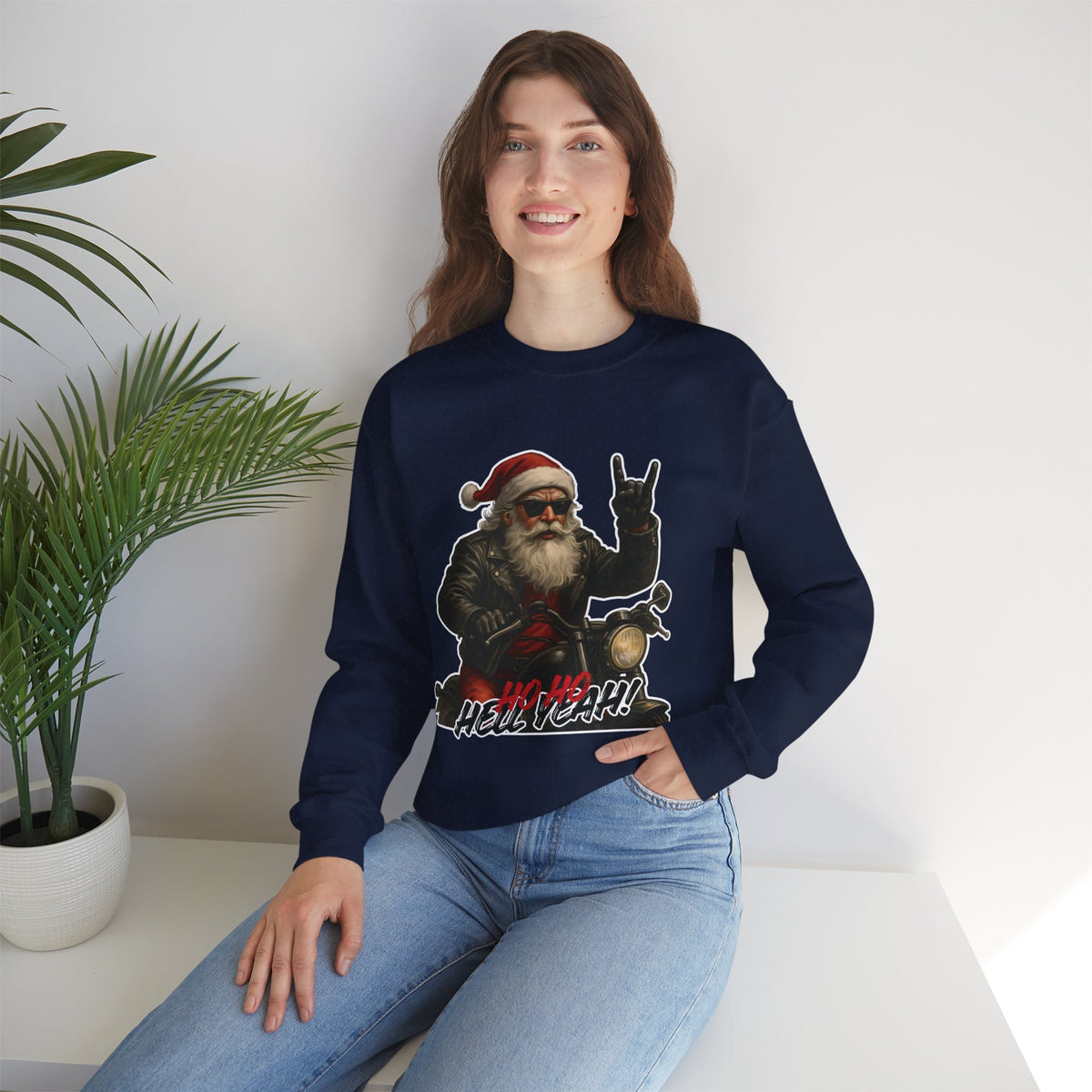 Santa Biker Crewneck Sweatshirt – 'Ho Ho Hell Yeah' Christmas Motorcycle Pullover