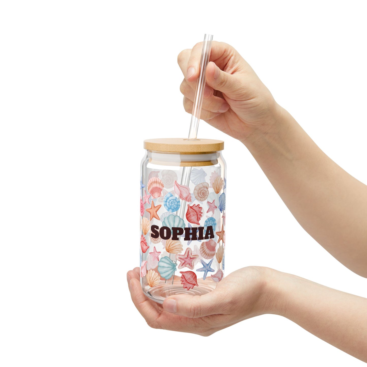 Personalized Seashell Sipper Glass - 16oz Beach Drink Tumbler with Straw (Custom Name)