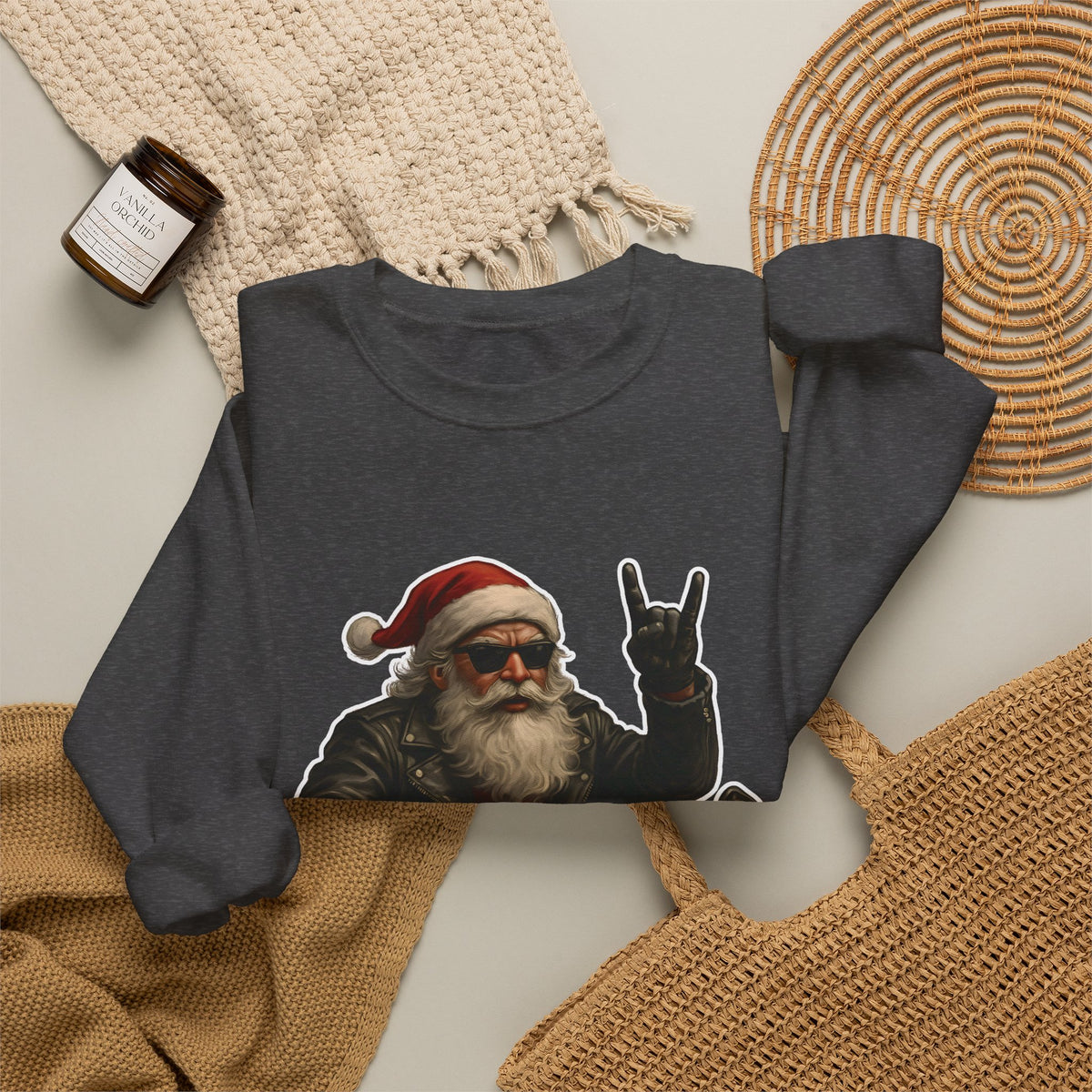 Santa Biker Crewneck Sweatshirt – 'Ho Ho Hell Yeah' Christmas Motorcycle Pullover