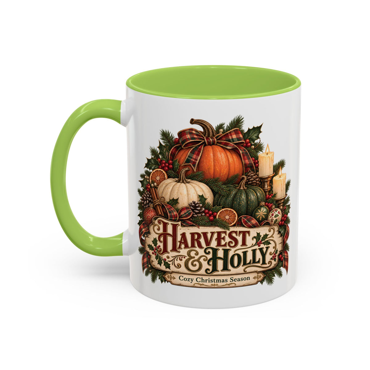 Harvest & Holly Accent Coffee Mug - Vintage Christmas Holiday Mug (11 oz)
