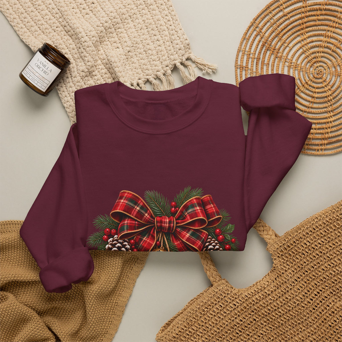 Christmas Plaid Bow Sweatshirt - Holiday Pinecone & Jingle Bells Crewneck
