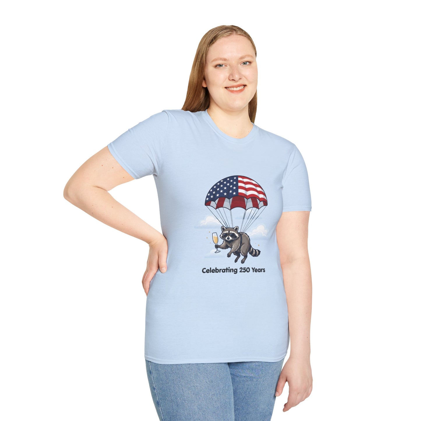 Patriotic Parachuting Raccoon T-Shirt — "Celebrating 250 Years"
