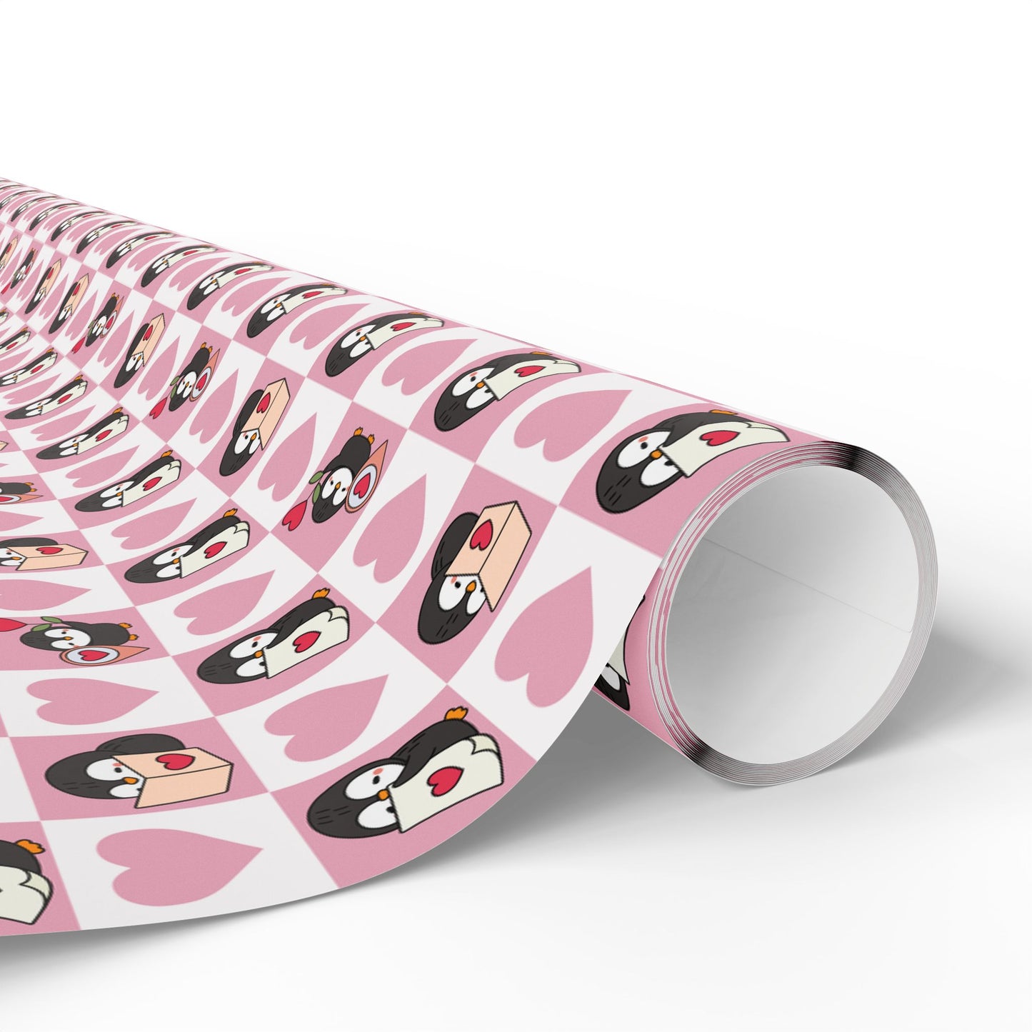 Penguin Hearts Wrapping Paper Roll — Pink Valentine Gift Wrap