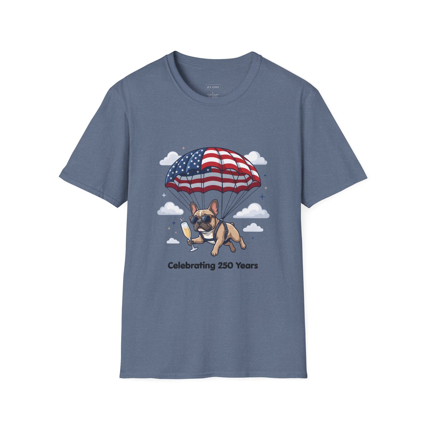 Patriotic French Bulldog T-Shirt — "Celebrating 250 Years" Parachute Design