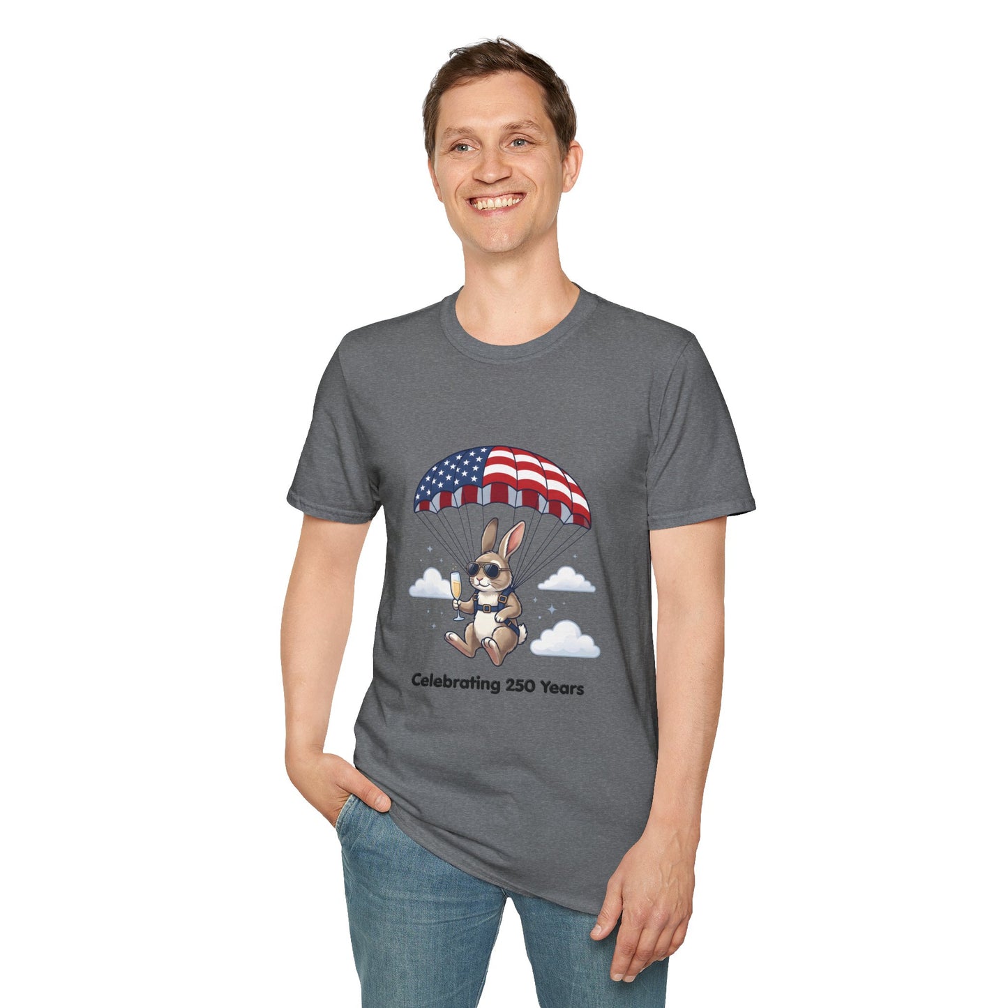 Patriotic Parachuting Bunny T-Shirt — "Celebrating 250 Years"