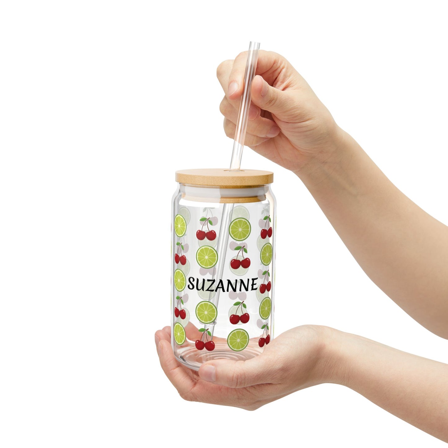 Personalized Cherry Lime Sipper Glass — 16oz Fruit Patterned Straw Cup, Custom Name Tumbler
