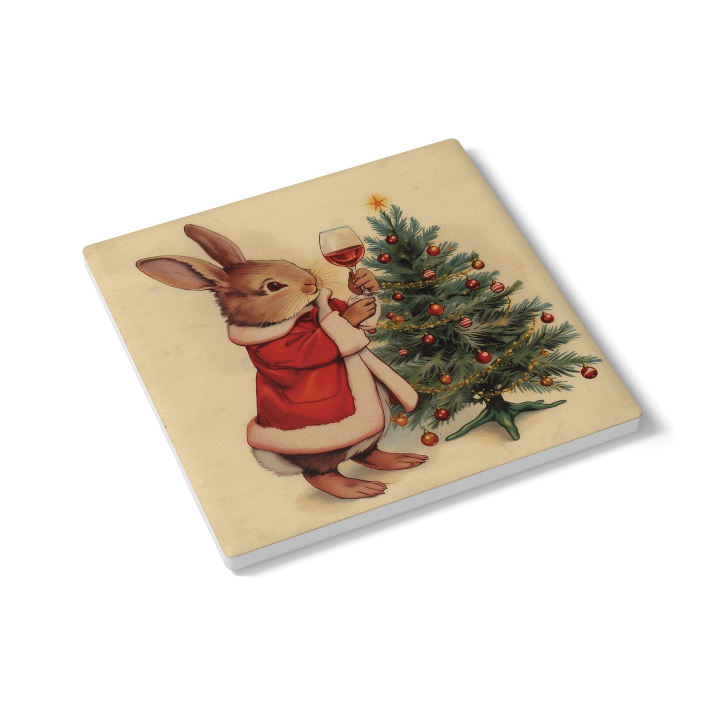 Vintage Christmas Ceramic Coaster — Holiday Tree & Bunny Illustration