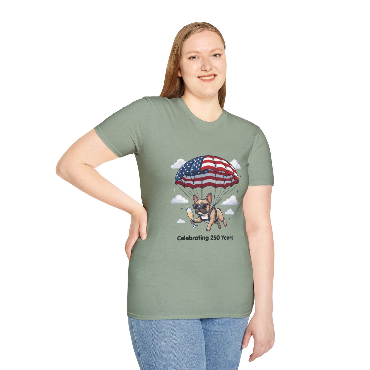 Patriotic French Bulldog T-Shirt — "Celebrating 250 Years" Parachute Design