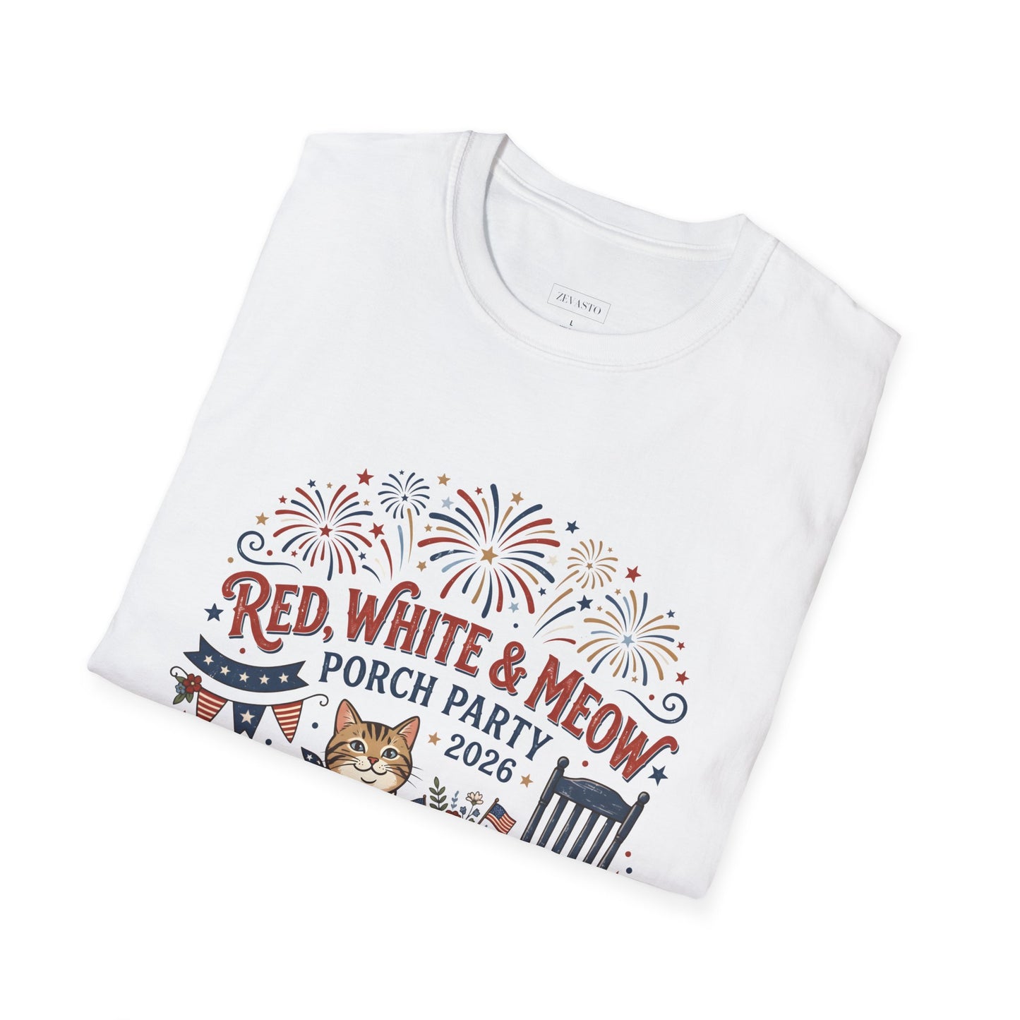 Red, White & Meow Porch Party T-Shirt — 2026 Patriotic Cat Tee, 4th of July Shirt, Independence Day Gift