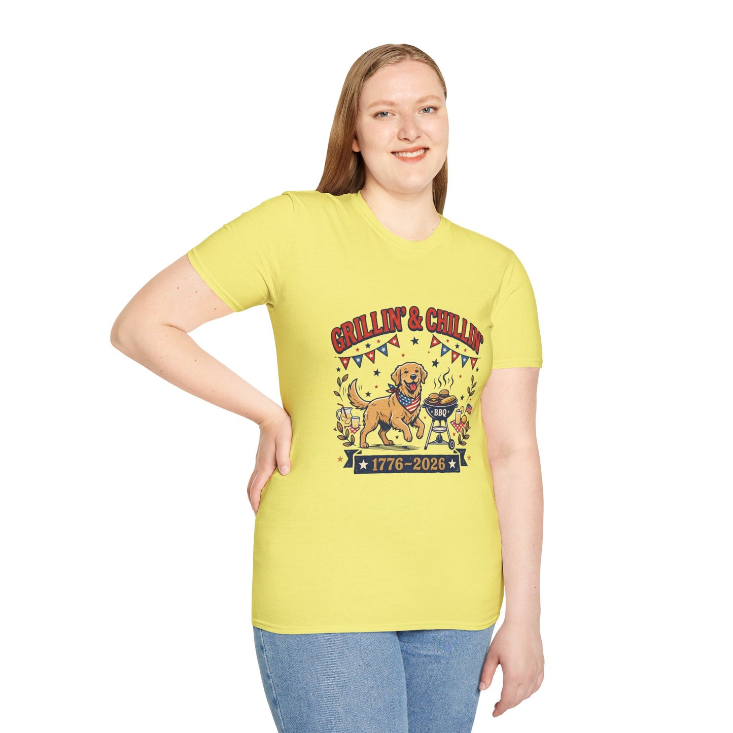Grillin' & Chillin' BBQ Dog T-Shirt — 1776-2026 Patriotic Summer Tee, 4th of July Shirt, Independence Day Tee