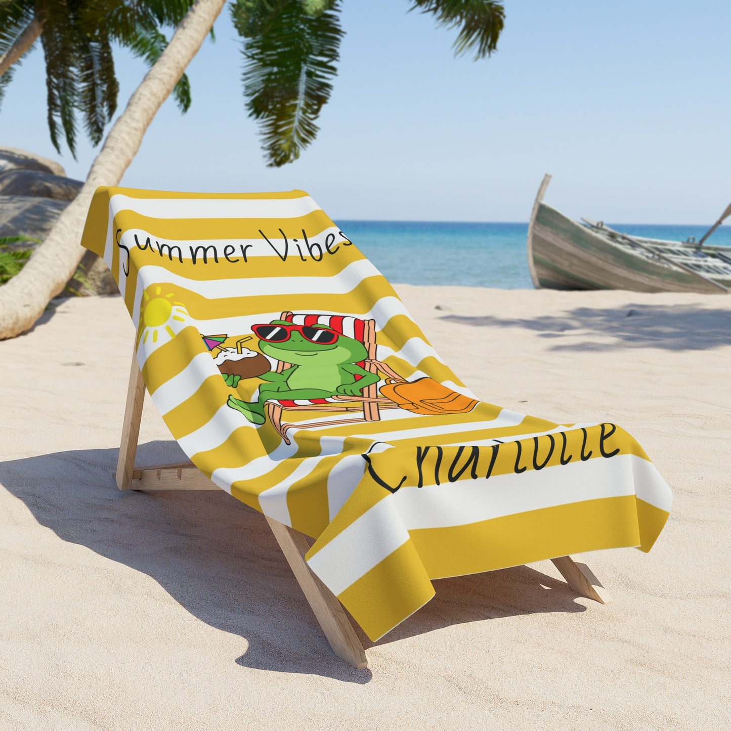 Personalized 'Summer Vibes' Frog Beach Towel — Custom Name Yellow Stripe