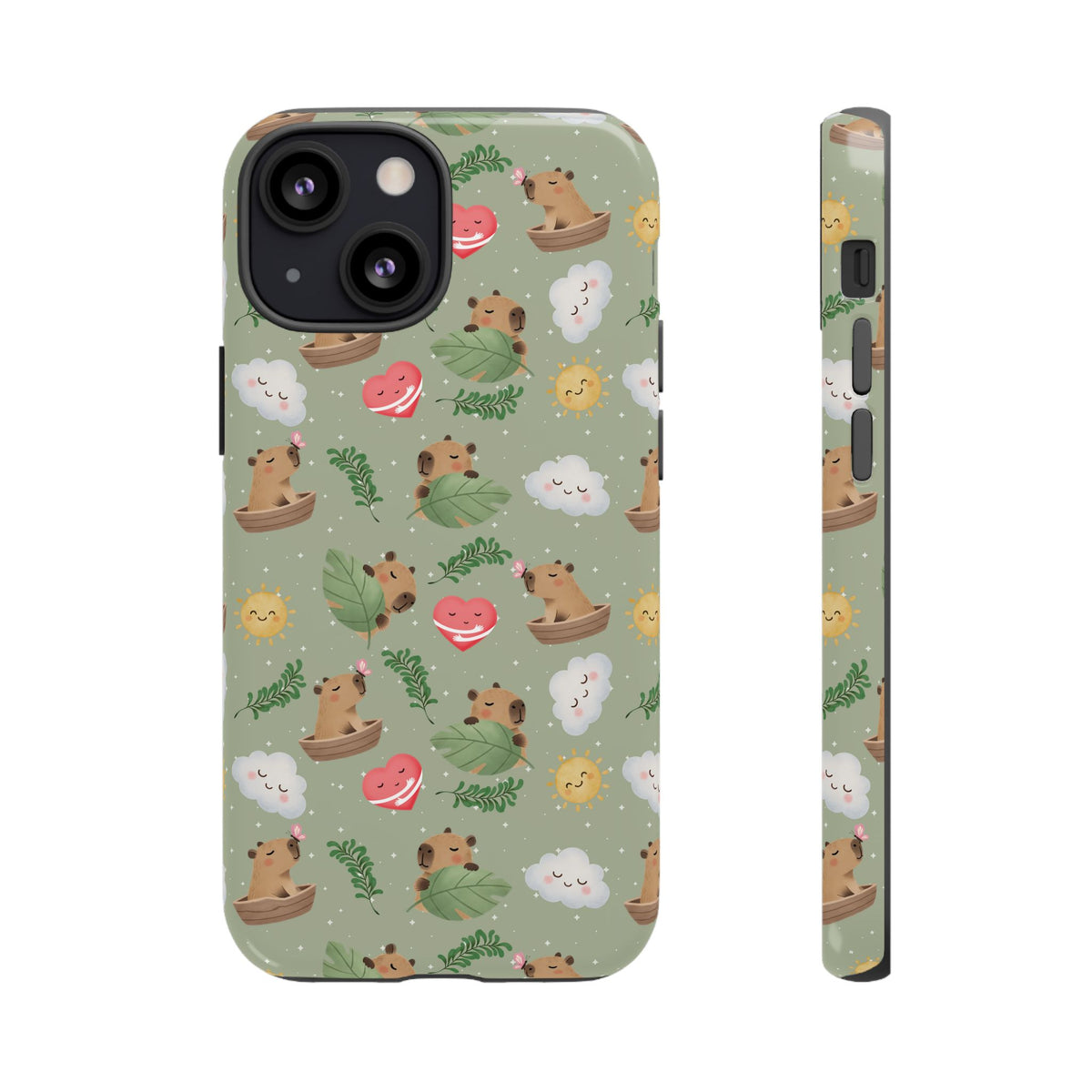 Cute Capybara Pattern Phone Case — Green Botanical Tough Case