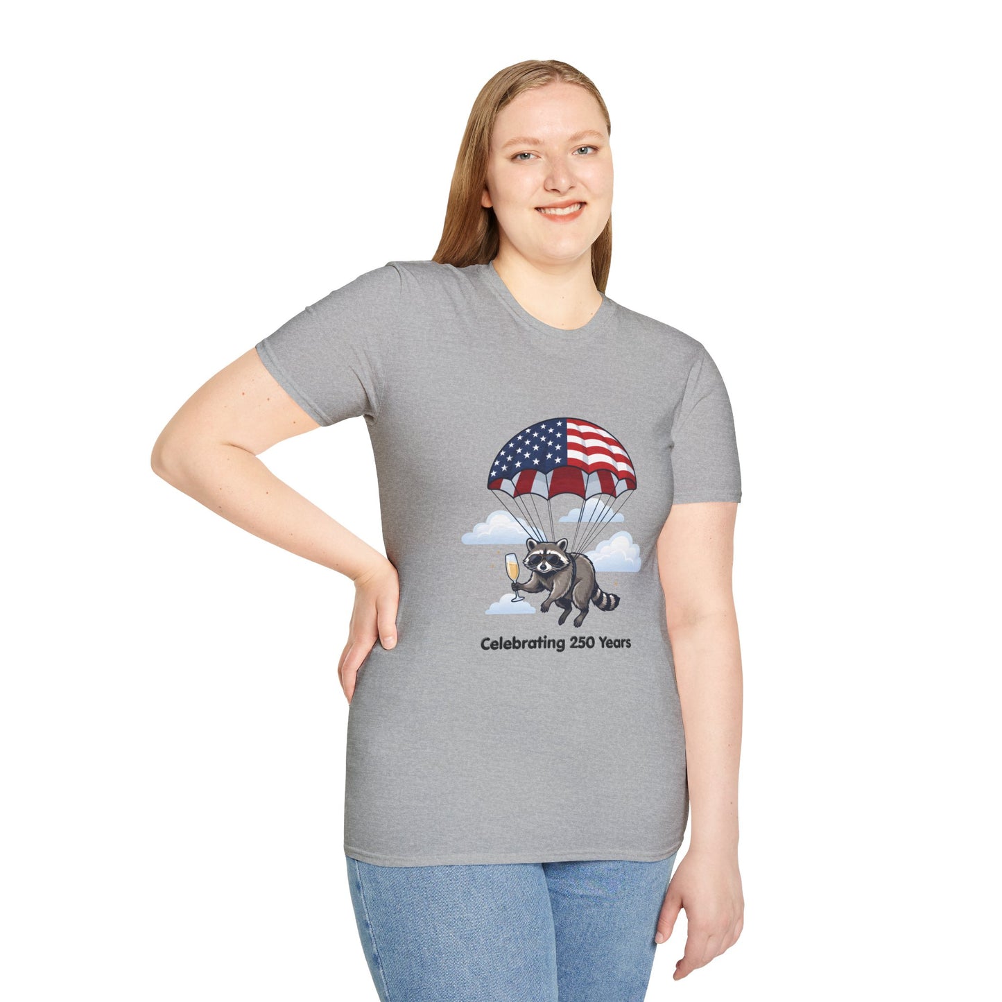 Patriotic Parachuting Raccoon T-Shirt — "Celebrating 250 Years"
