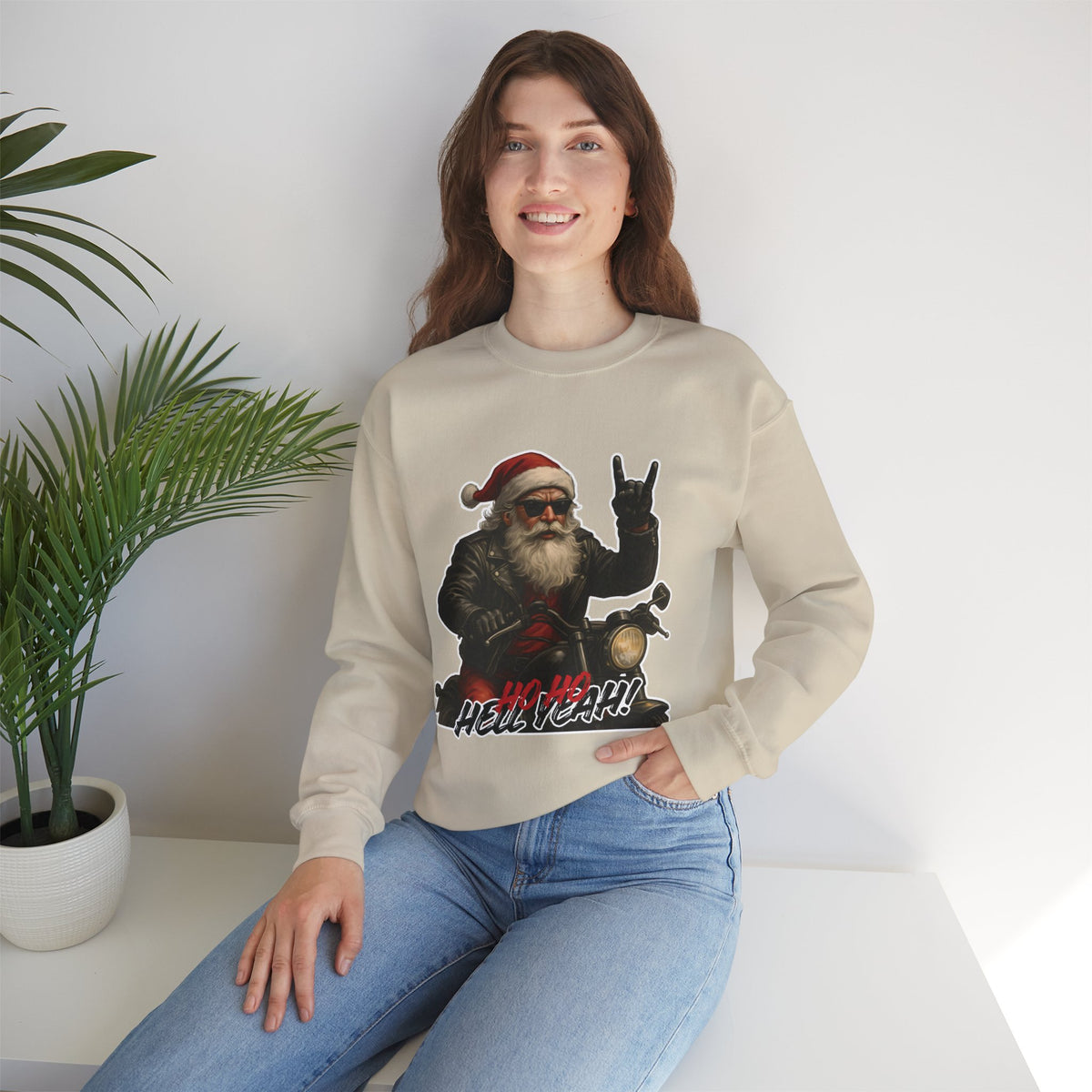 Santa Biker Crewneck Sweatshirt – 'Ho Ho Hell Yeah' Christmas Motorcycle Pullover