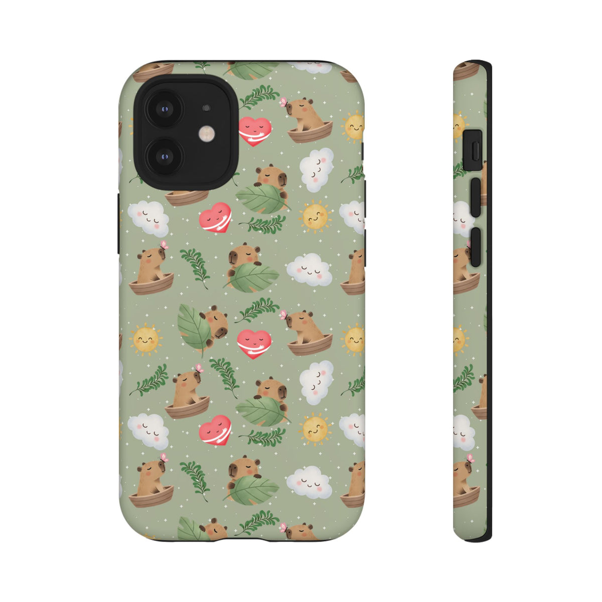 Cute Capybara Pattern Phone Case — Green Botanical Tough Case
