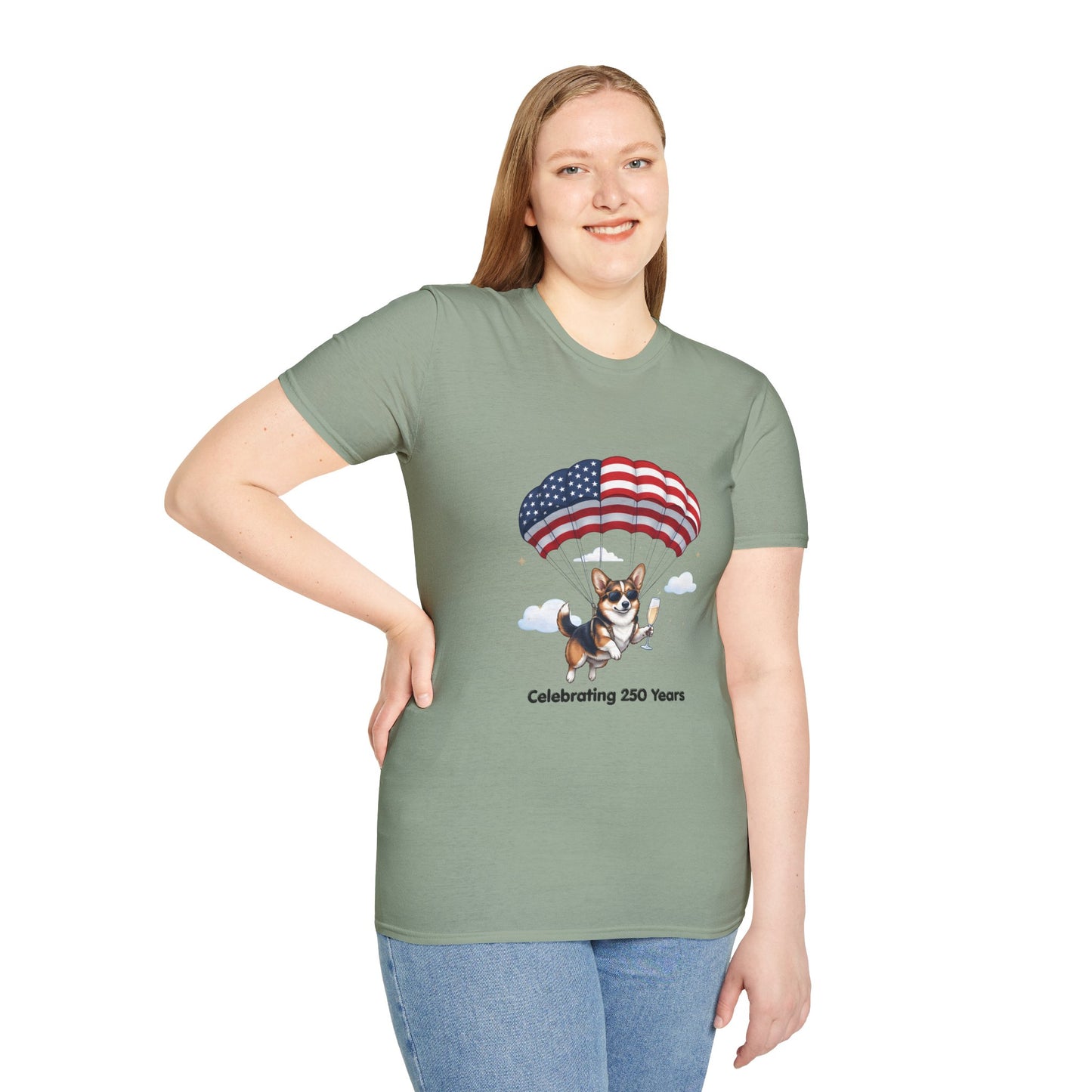 Corgi Parachute American Flag T-Shirt — "Celebrating 250 Years" Patriotic Tee