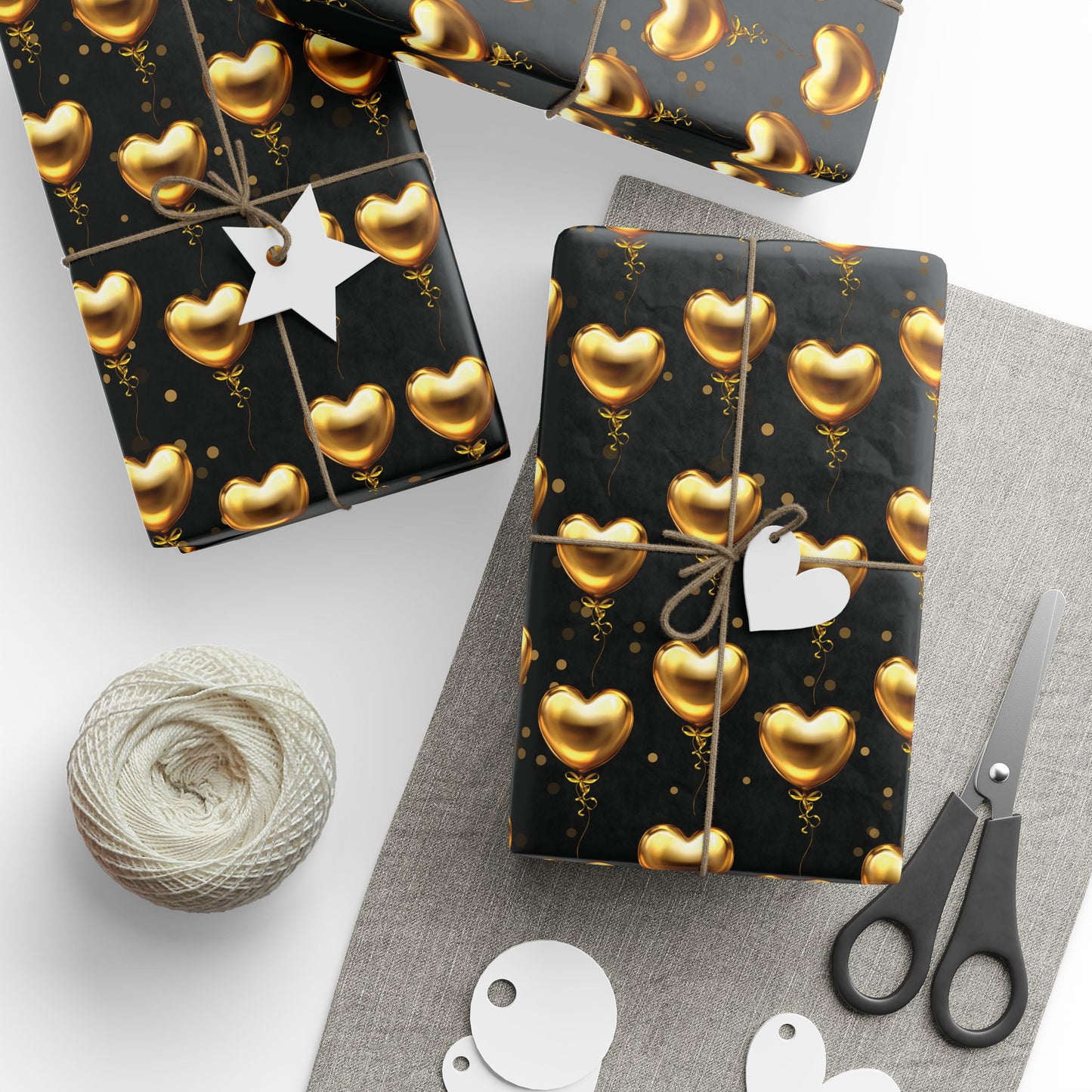 Gold Heart Pattern Wrapping Paper — Black & Metallic Gift Wrap for Valentine’s, Anniversaries, Weddings