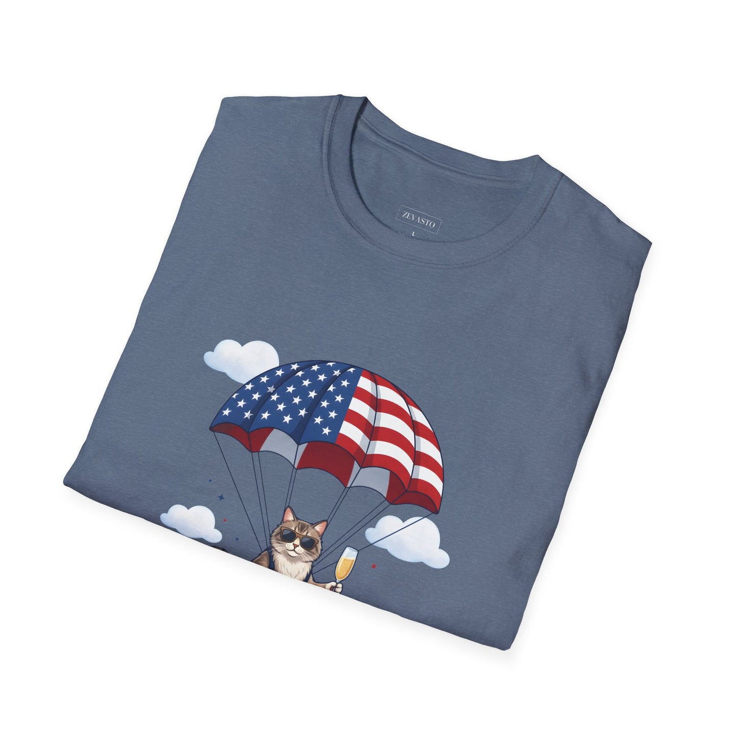 Patriotic Cat Parachute T-Shirt — "Celebrating 250 Years" 4th of July Tee