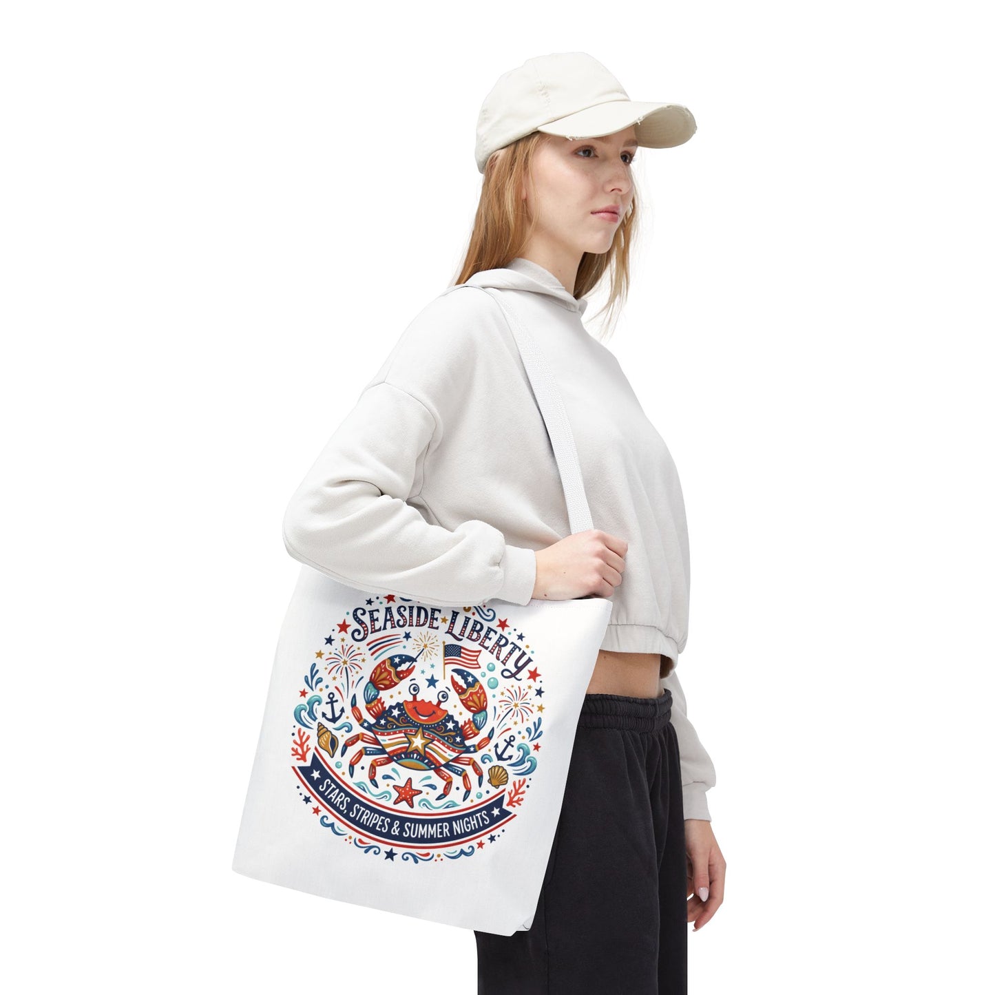 Seaside Liberty Tote Bag — 4th of July, Patriotic Bag "Stars, Stripes & Summer Nights"