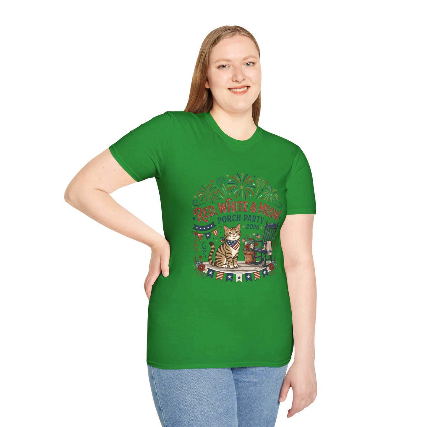 Red, White & Meow Porch Party T-Shirt — 2026 Patriotic Cat Tee, 4th of July Shirt, Independence Day Gift