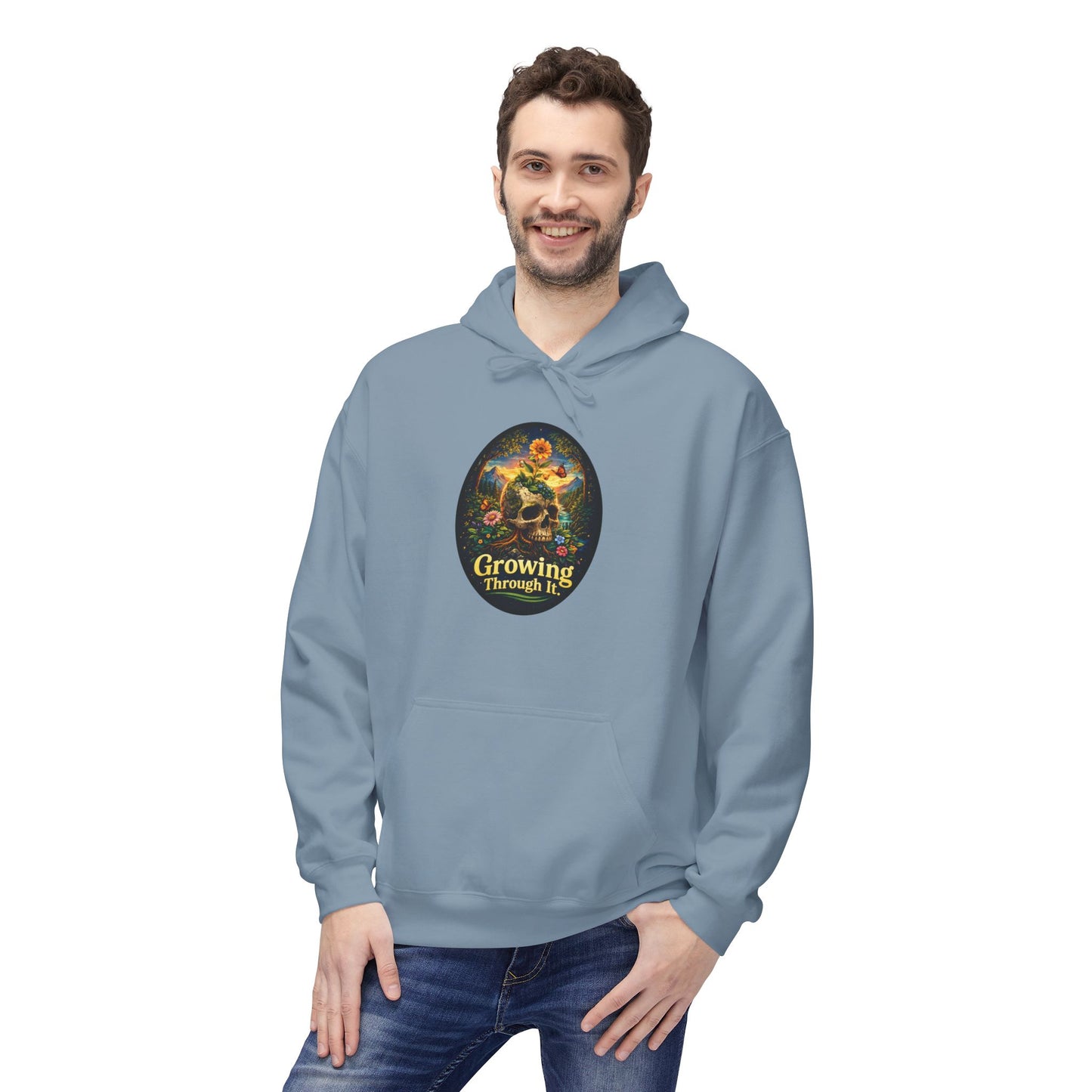 Growing Through It Hoodie – Earth Day Nature Skull Sweatshirt | Mental Growth & Healing Hoodie | Botanical Aesthetic Unisex Hoodie