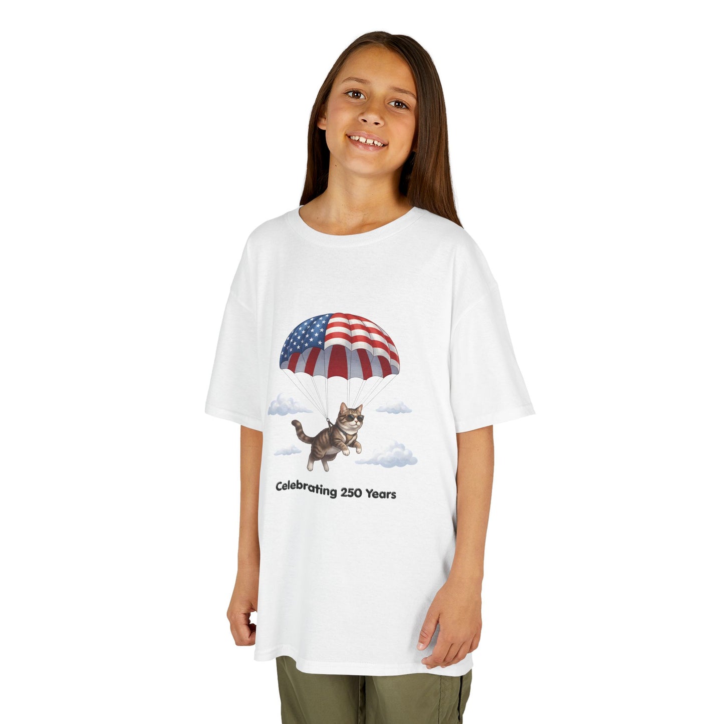 Kids Patriotic Parachuting Cat Tee — "Celebrating 250 Years"