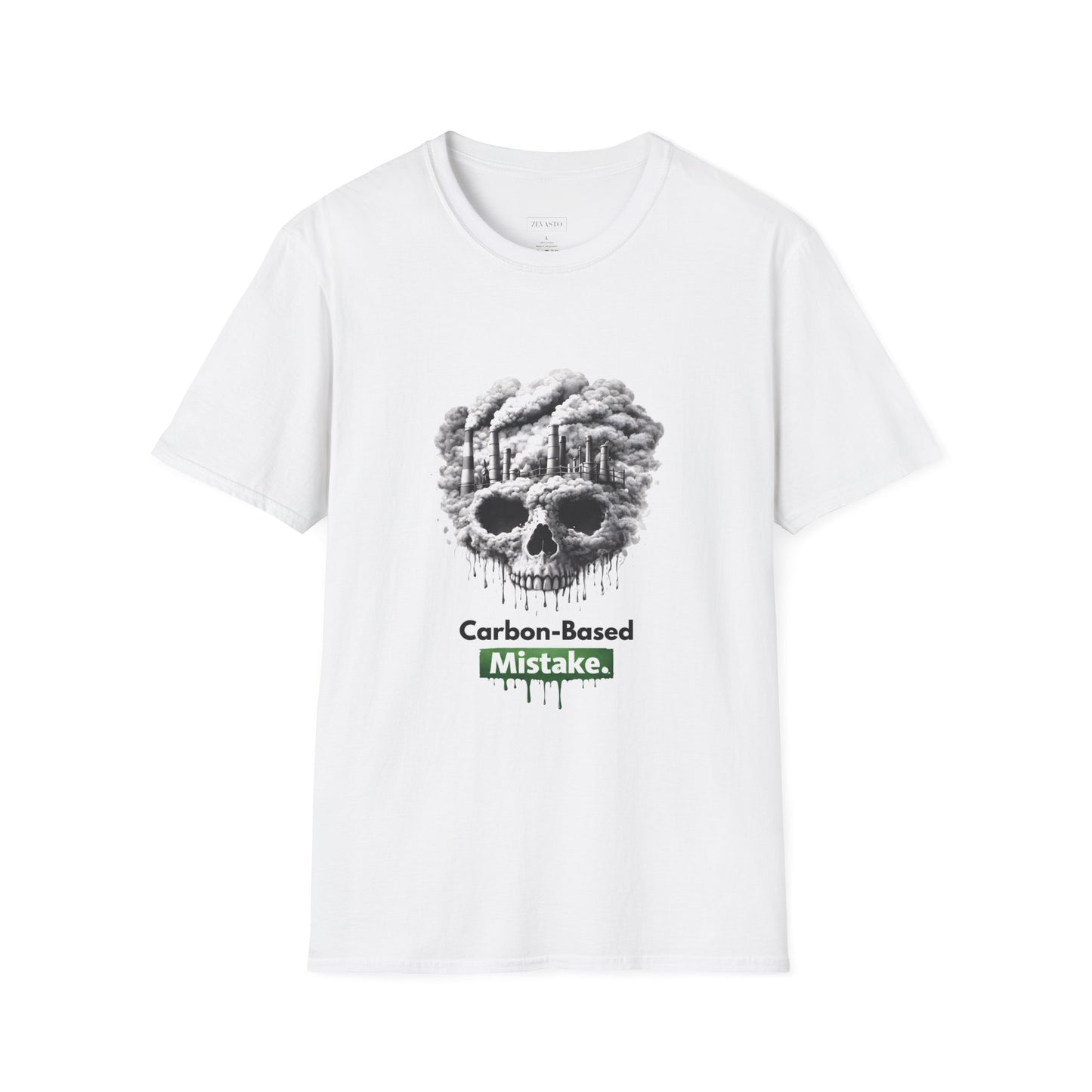 Carbon-Based Mistake Skull T-Shirt — Dark Humor Graphic Tee for Earth Day