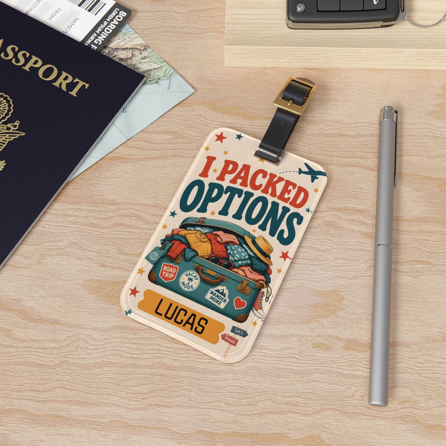 Custom Name Luggage Tag — "I Packed Options" Personalized Travel Bag Tag