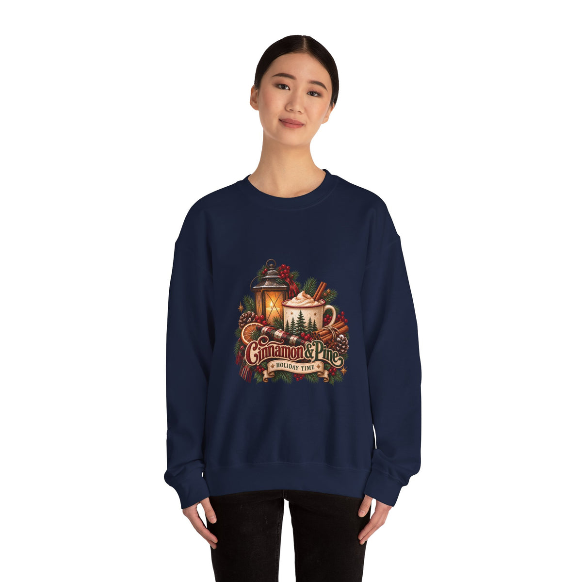 Cinnamon & Pine Crewneck Sweatshirt — Cozy Holiday Lantern Design Sweatshirt