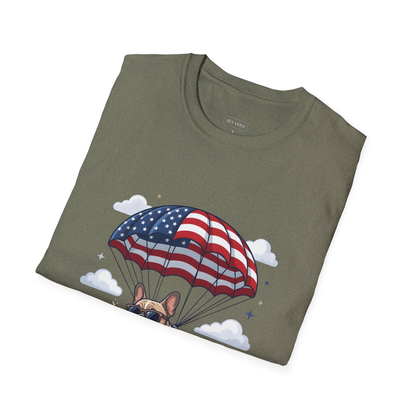 Patriotic French Bulldog T-Shirt — "Celebrating 250 Years" Parachute Design