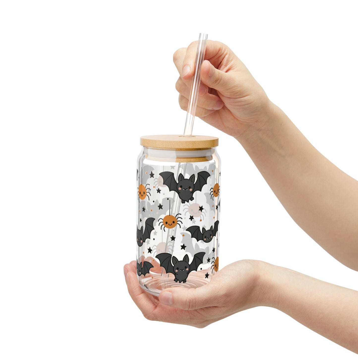 Halloween-Themed Sipper Glass, 16oz with Bat and Spider Design, Perfect for Spooky Parties, Fall Gatherings