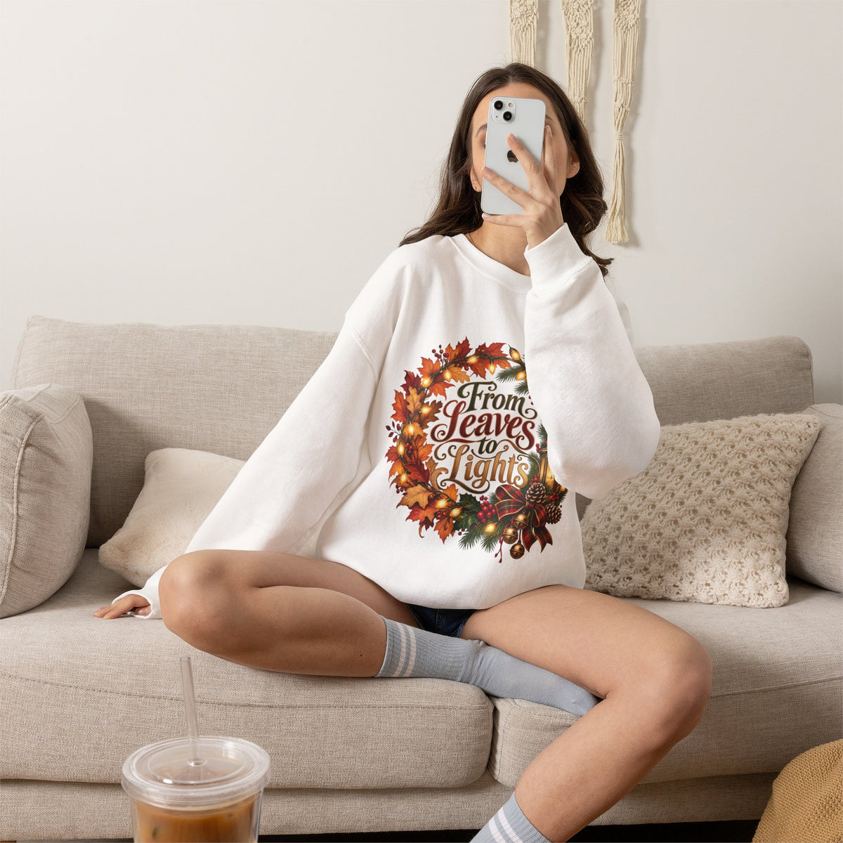 Christmas Crewneck Sweatshirt — "From Leaves to Lights" Autumn to Holiday Wreath Design