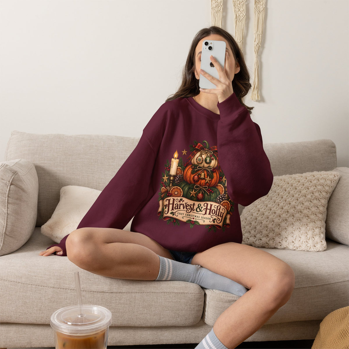 Harvest & Holly Crewneck Sweatshirt — Vintage Pumpkin Fall Graphic Sweatshirt