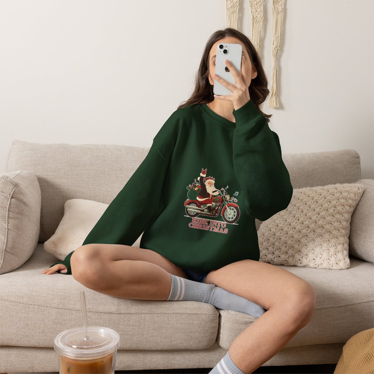 Christmas Motorcycle Sweatshirt - "Ride Into Christmas" Santa Biker Holiday Crewneck