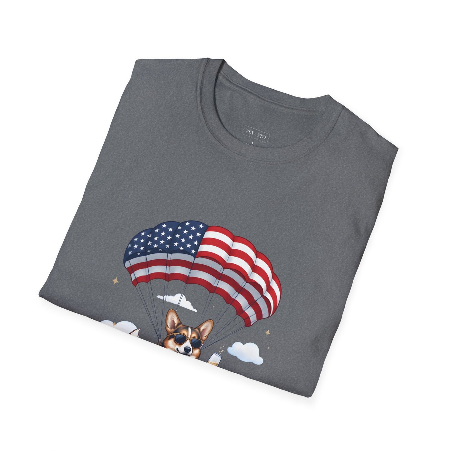 Corgi Parachute American Flag T-Shirt — "Celebrating 250 Years" Patriotic Tee