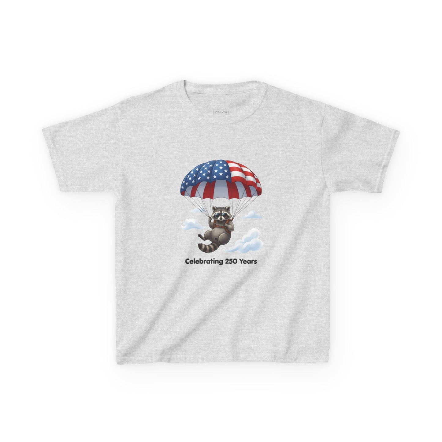 Kids T-Shirt — Patriotic Raccoon Parachute “Celebrating 250 Years”