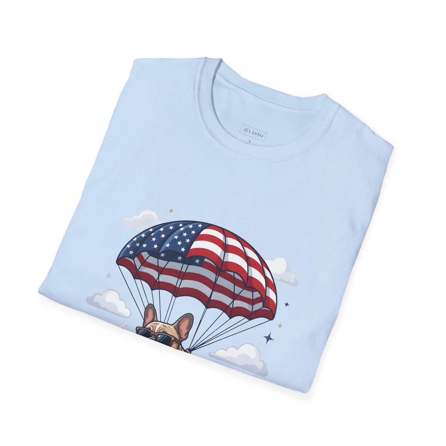Patriotic French Bulldog T-Shirt — "Celebrating 250 Years" Parachute Design