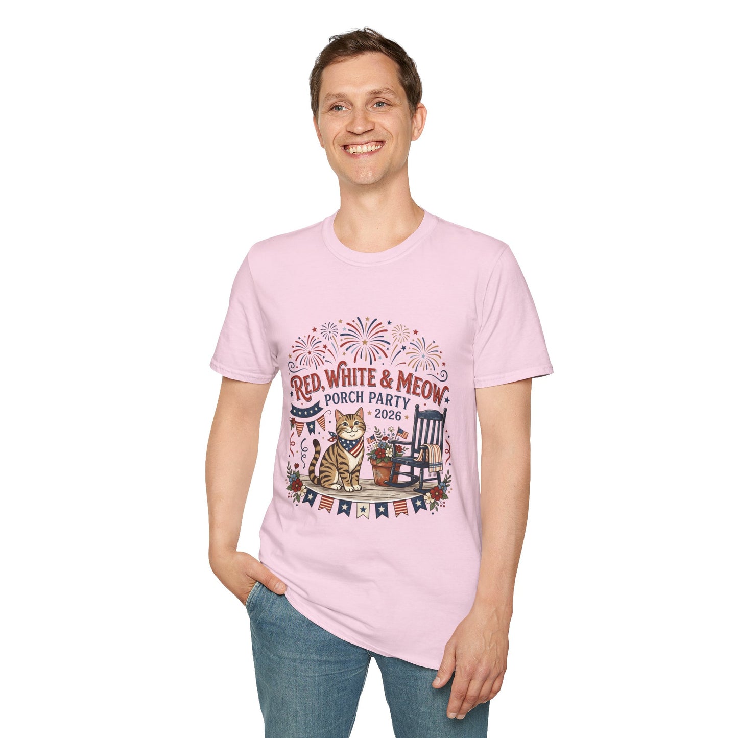 Red, White & Meow Porch Party T-Shirt — 2026 Patriotic Cat Tee, 4th of July Shirt, Independence Day Gift