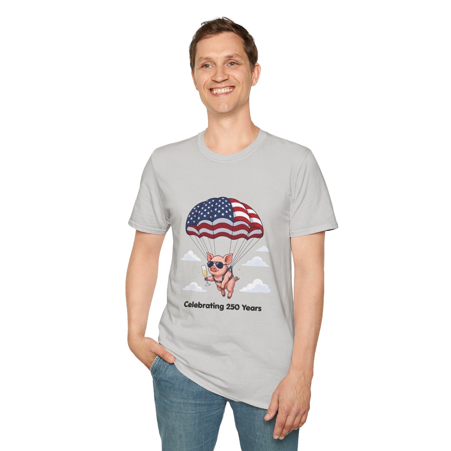 Patriotic Parachuting Piglet T-shirt - “Celebrating 250 Years”