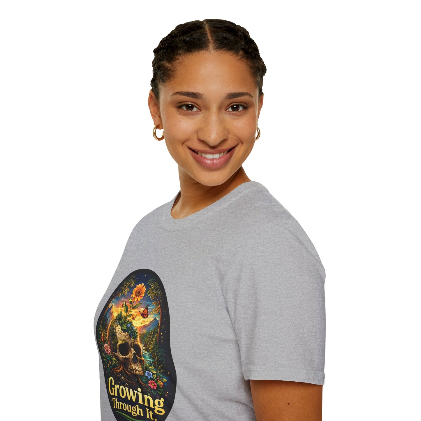 Growing Through It T-Shirt – Earth Day Nature Skull Graphic Tee | Mental Growth & Healing Shirt | Botanical Aesthetic Unisex Tee