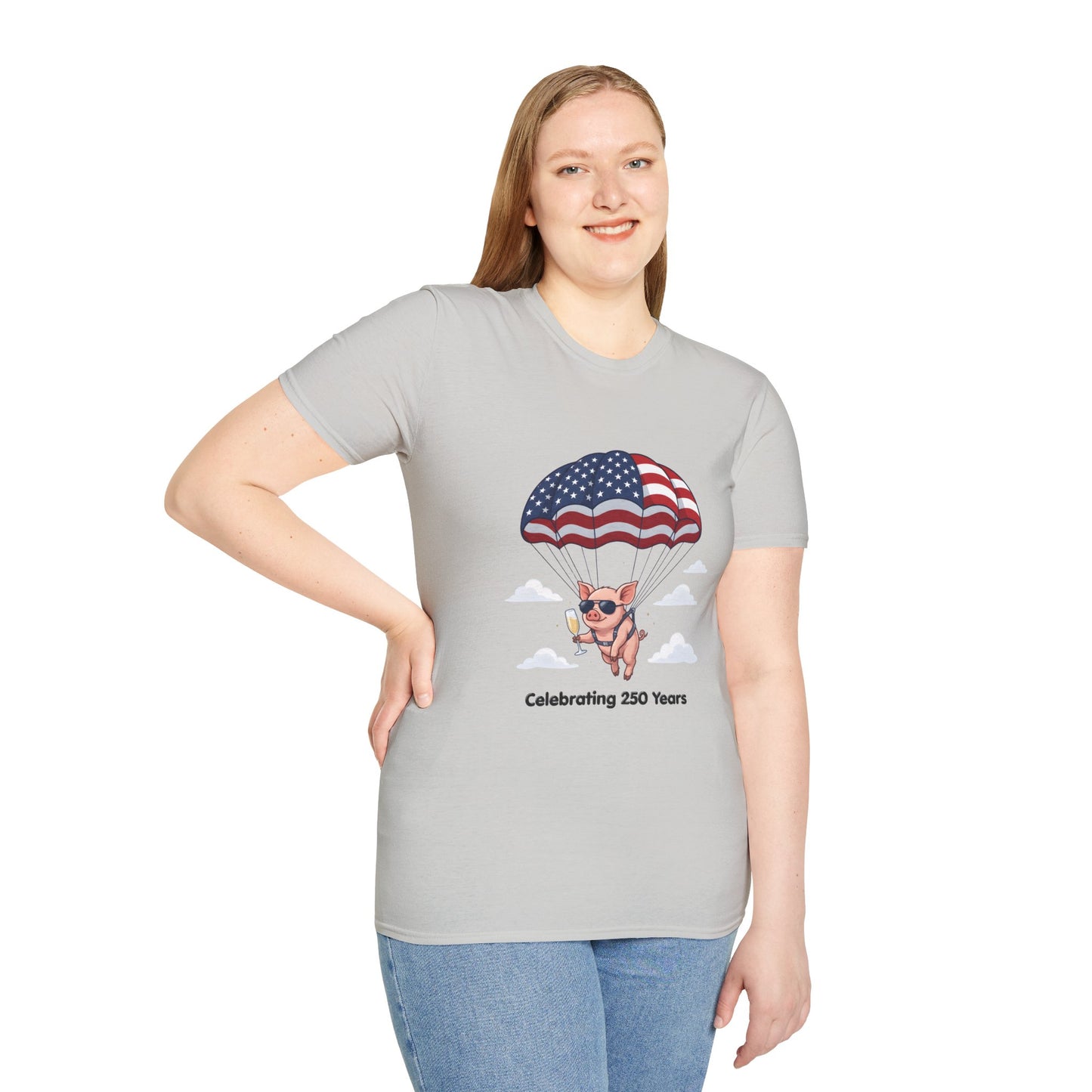 Patriotic Parachuting Piglet T-shirt - “Celebrating 250 Years”