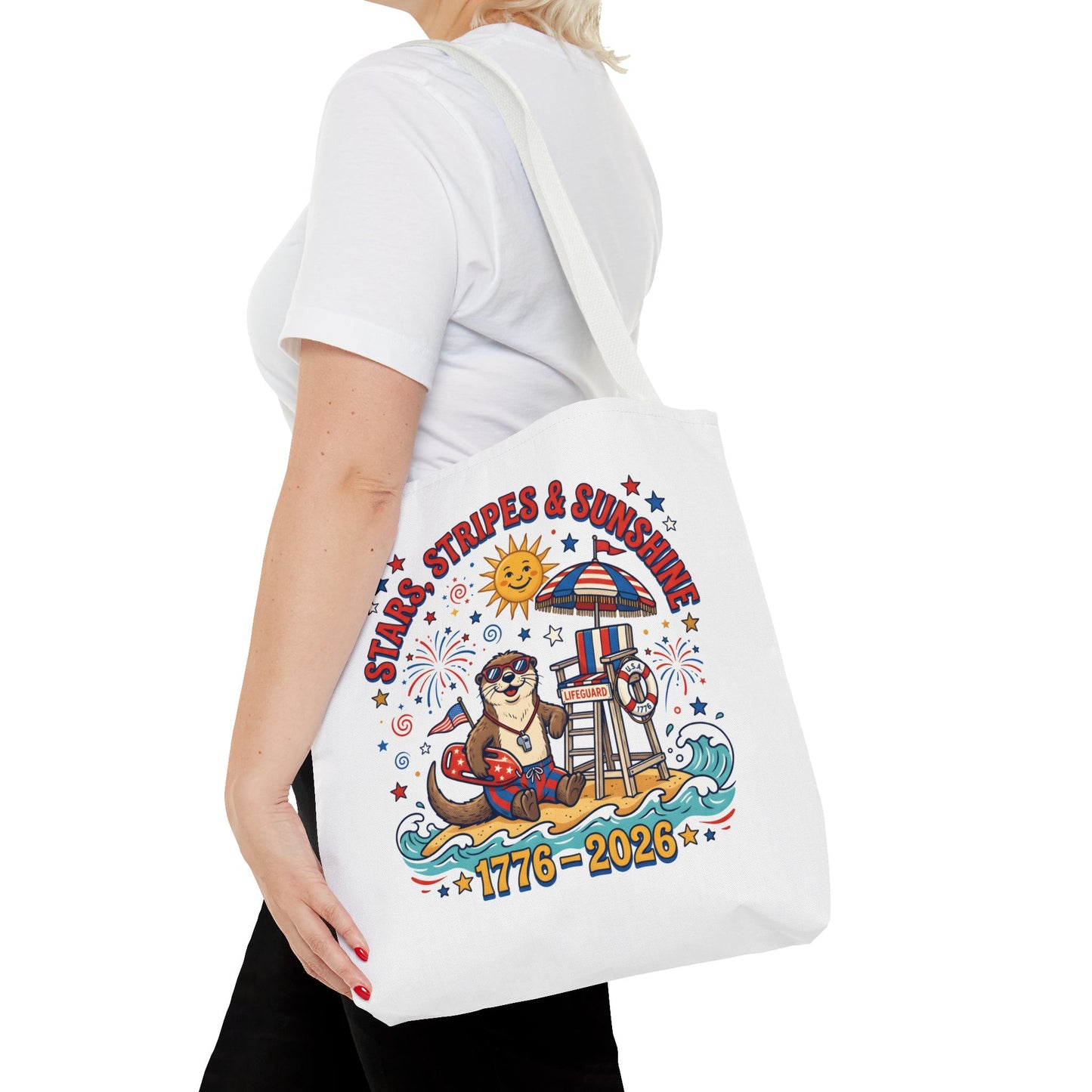 Stars, Stripes & Sunshine Tote Bag — 1776–2026 Patriotic Summer Beach Tote, 4th of July Tote
